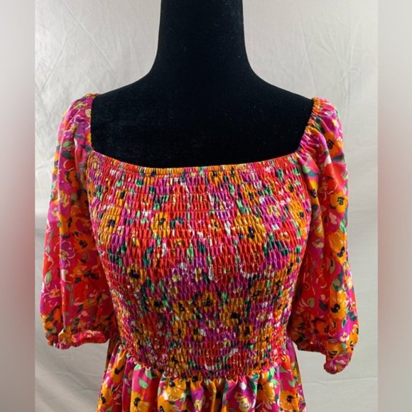 Shirred Floral Print Square Neck Puff Sleeve Dress - Picture 7 of 7